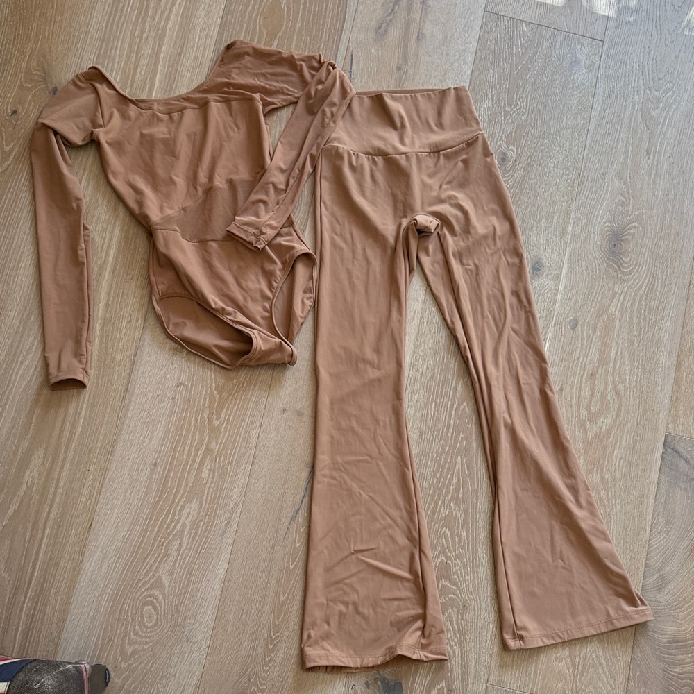 Eleve Dancewear Nude color flare pant and leotard.